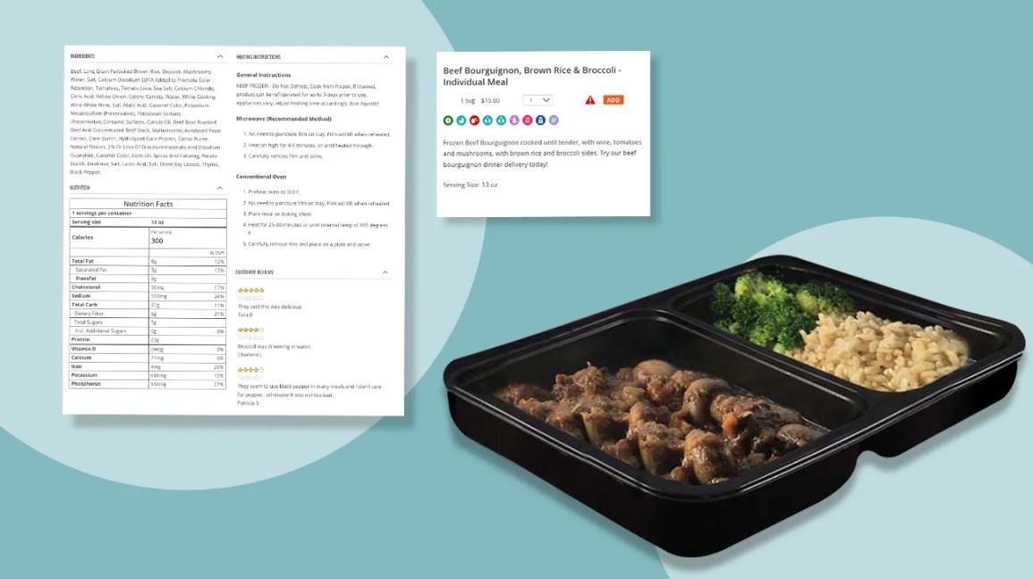 Magic Kitchen Beef Bourguignon, Brown Rice, and Broccoli meal with nutrition info