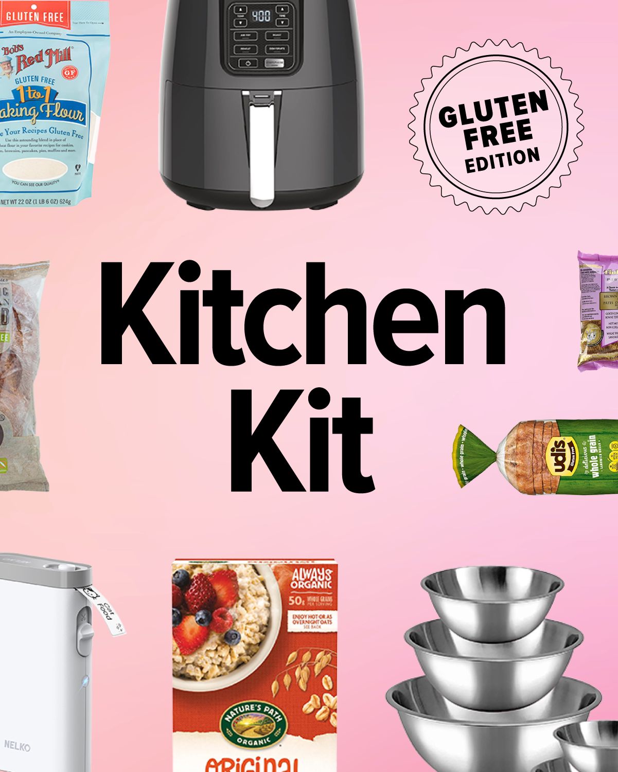 Kitchen kit gluten-free kitchen logo surrounded by products including pasta, bread, and an air fryer, isolated over a pink background.